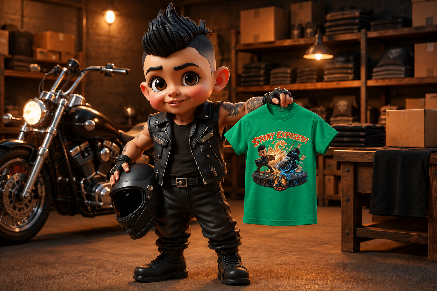 Mateo holding a freshly printed Biker Babies tee in the workshop