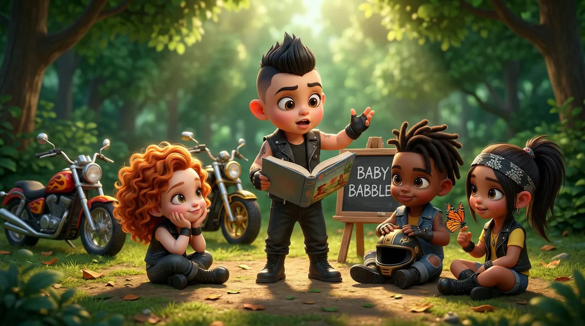 The Biker Babies story time – Mateo reads aloud to the crew in a sunny park clearing with motorbikes parked behind them