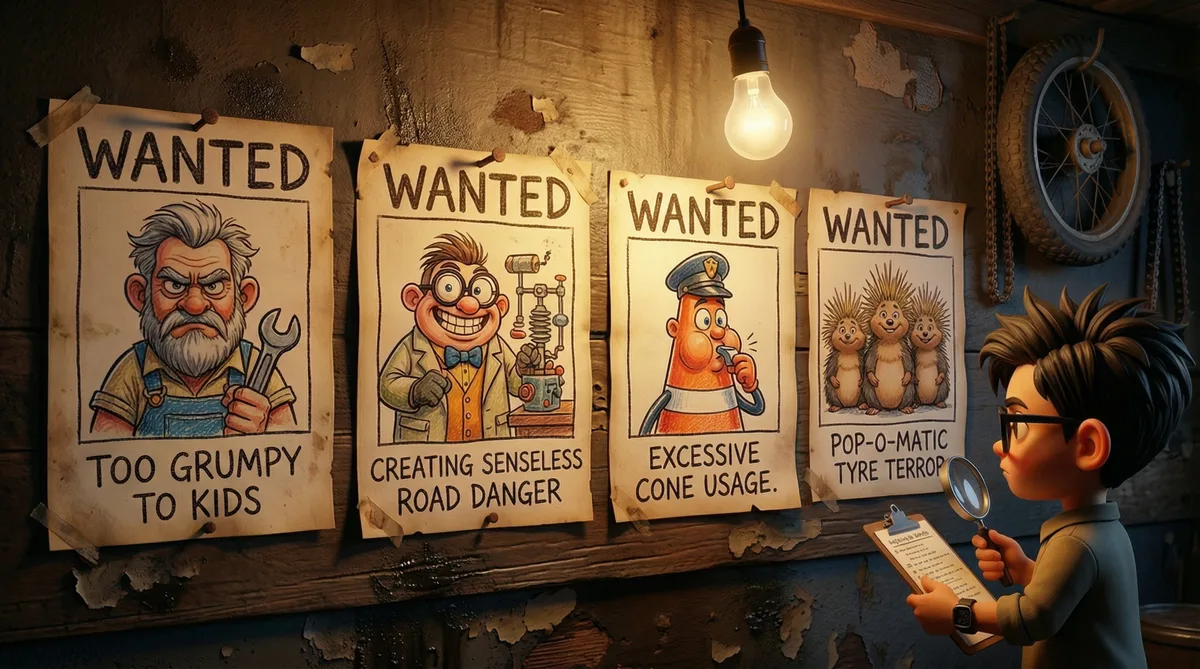 Wanted posters of The Biker Babies villains pinned to a garage wall – Grumpy Gearhead, Professor Pothole, Captain Cone and The Flat Tyre Gang