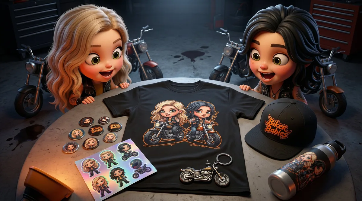 The Biker Babies merch drop – characters showing off official merchandise including t-shirts, stickers, badges and accessories